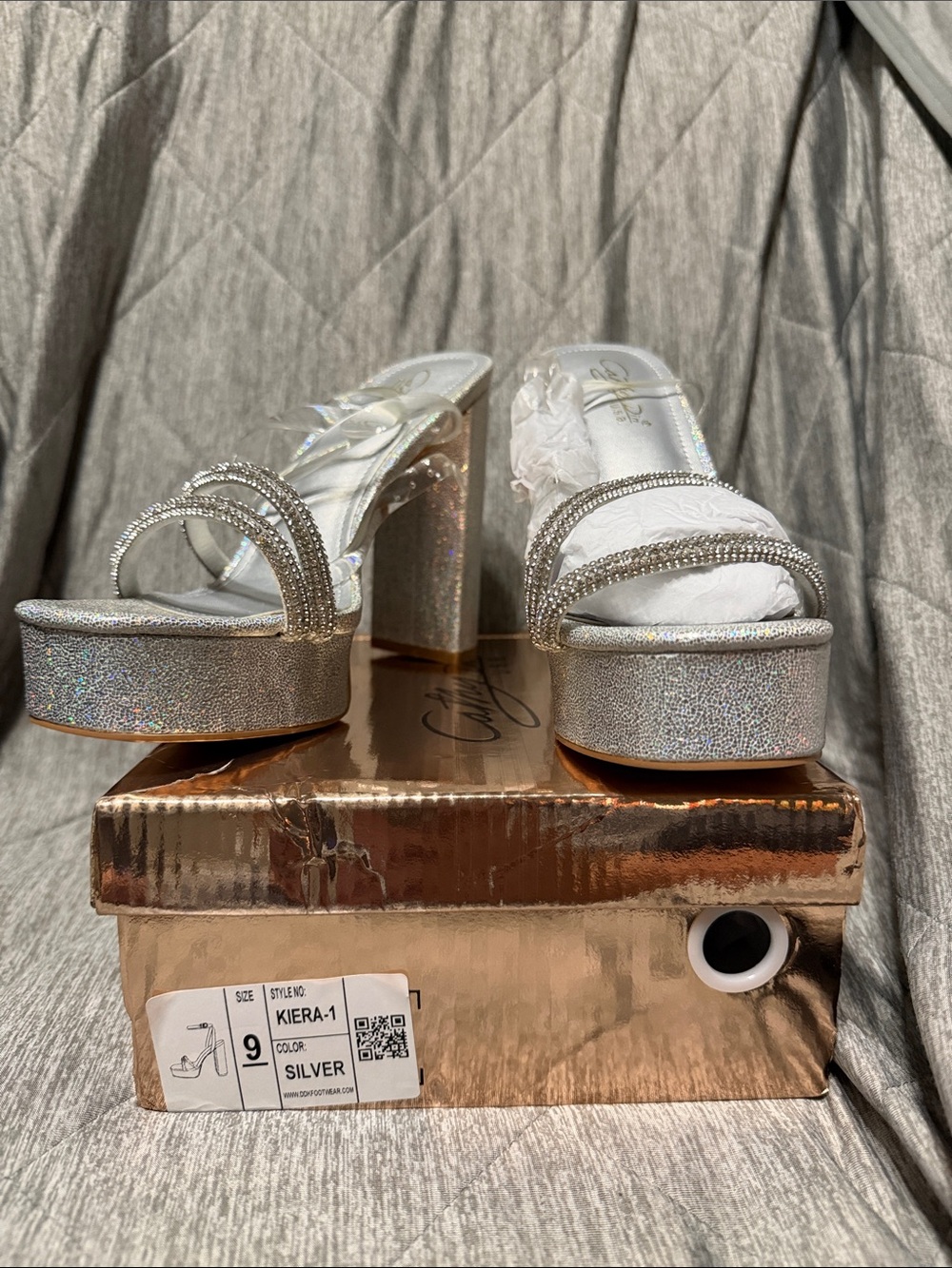 Seychelles Silver Holographic Platform Sandals with Crystal Straps